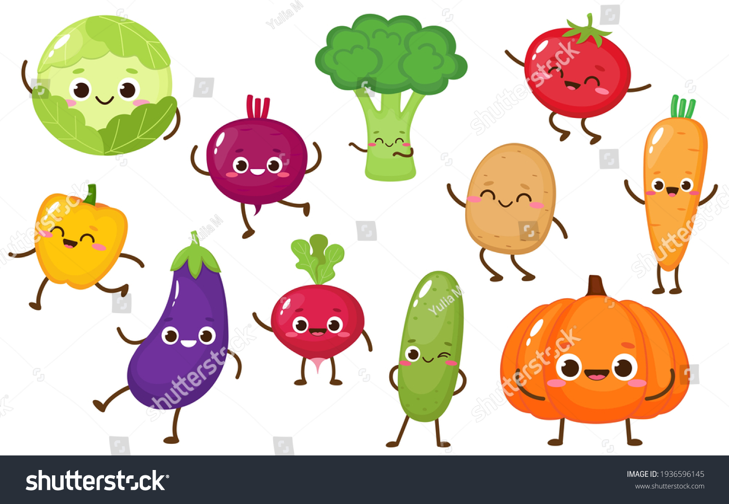Cartoon vegetable characters collection. Cute cabbage, cucumber, carrot, broccoli, tomato, pepper for kids Vector food illustration #1936596145