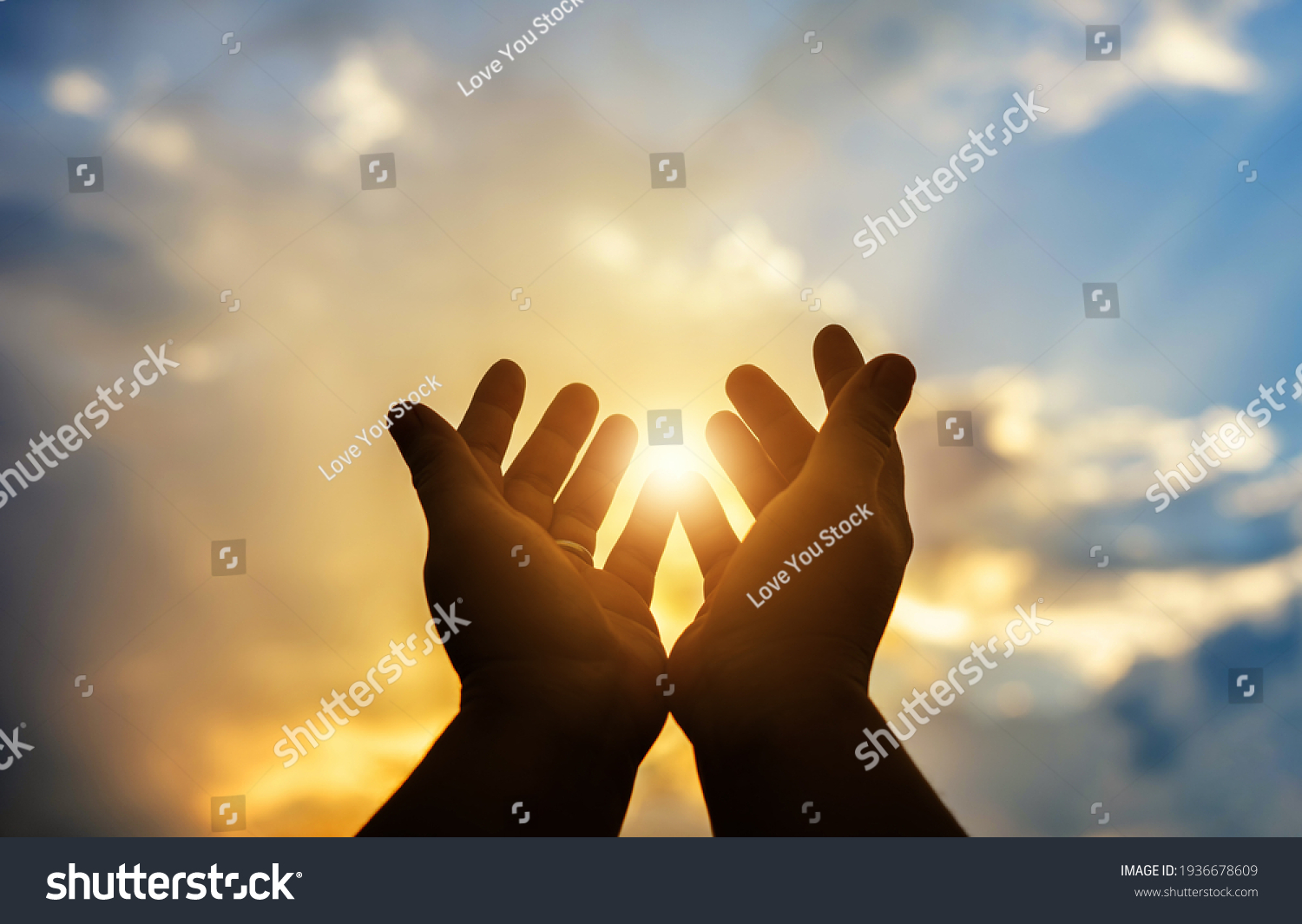 Human hands open palm up worship. Eucharist Therapy Bless God Helping Repent Catholic Easter Lent Mind Pray. Christian Religion concept background. fighting and victory for god #1936678609