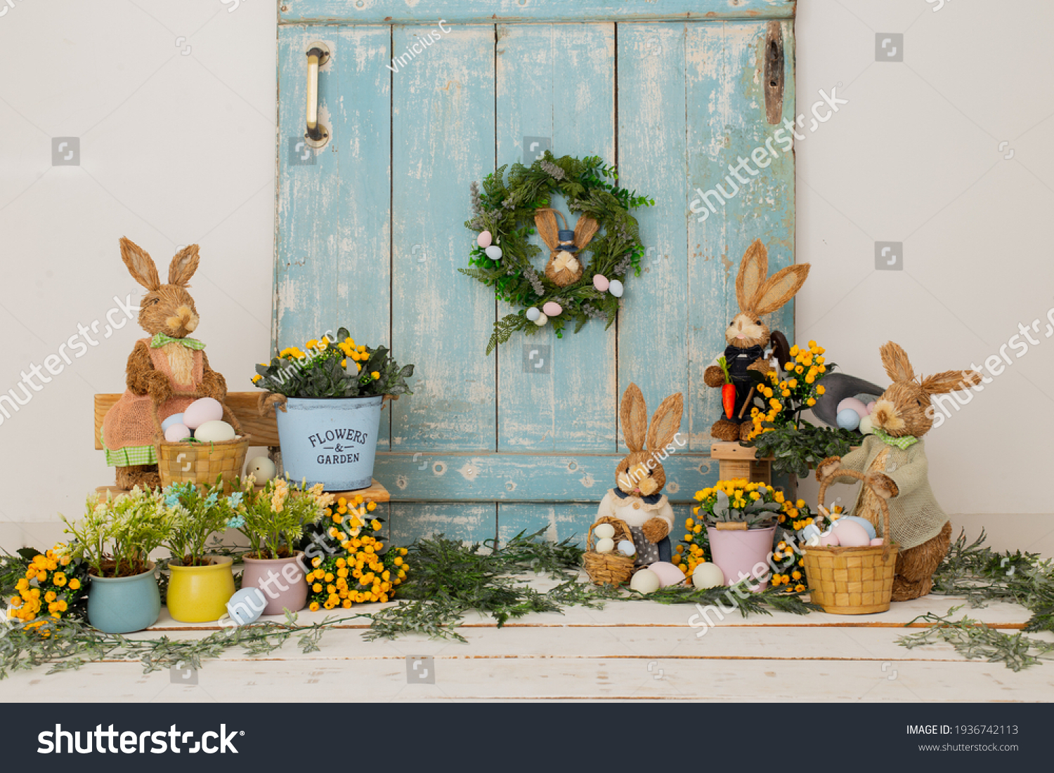 Easter backdrop or background for photo mini session in blue color. Contains straw rabbits and eggs basket. #1936742113