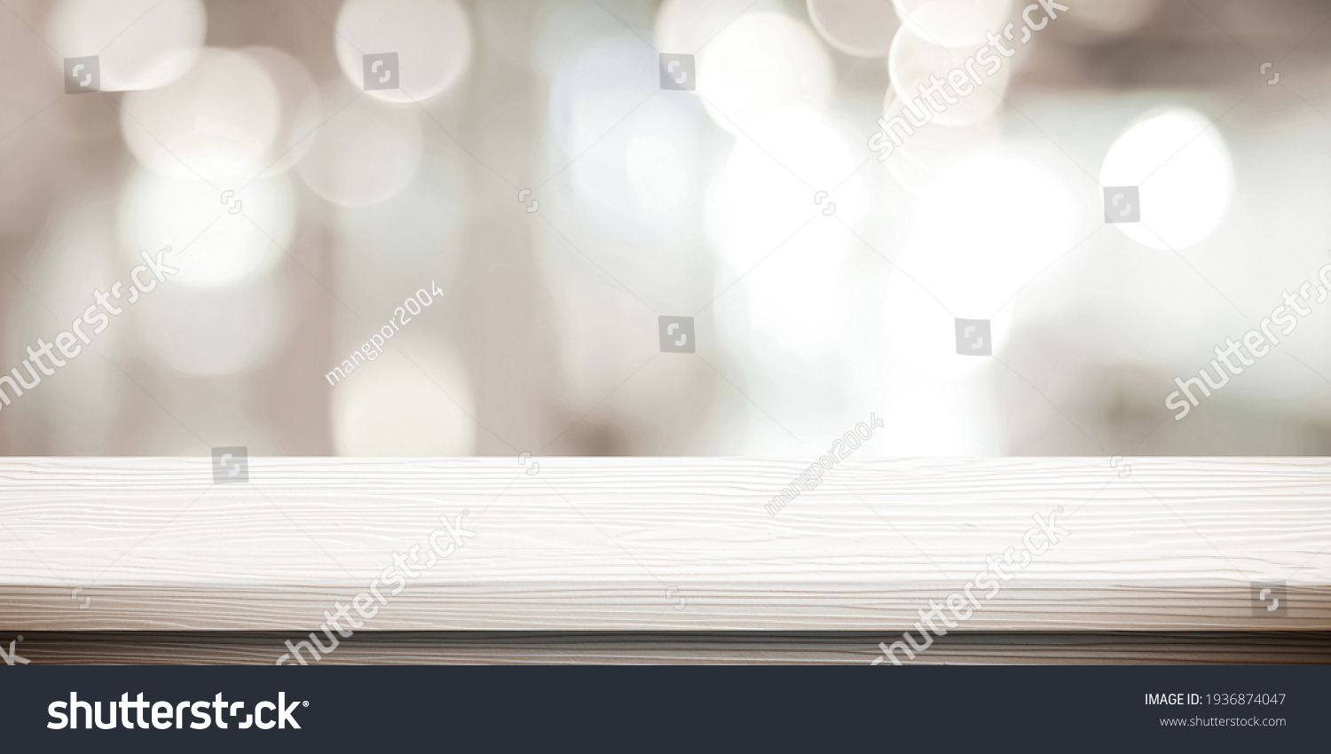 White table presentation, desk and blur background, Empty wood counter, shelf surface over blur restaurant white bokeh background, Wood table top for retail shop, store product display banner, mock up #1936874047