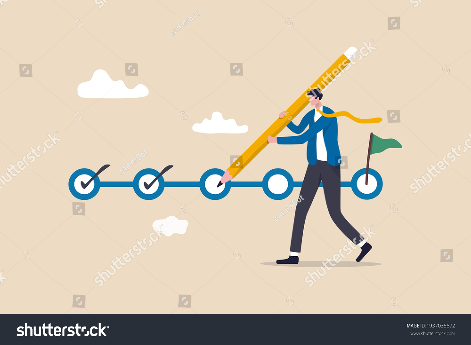 Project tracking, goal tracker, task completion or checklist to remind project progress concept, businessman project manager holding big pencil to check completed tasks in project management timeline. #1937035672