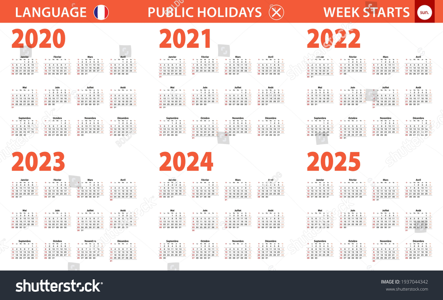 20202025 year calendar in French language, week Royalty Free Stock