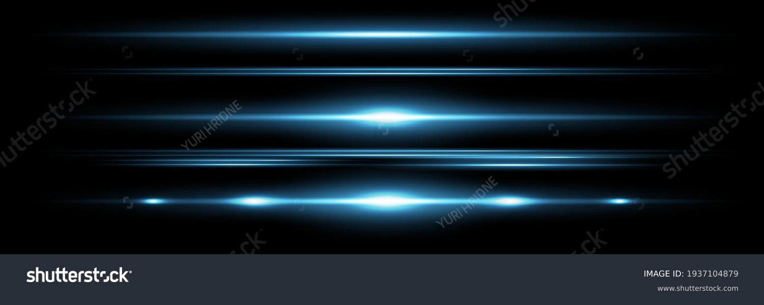 Red horizontal lens flares pack. Laser beams, horizontal light rays.Beautiful light flares. Glowing streaks on dark background. Luminous abstract sparkling lined background. #1937104879