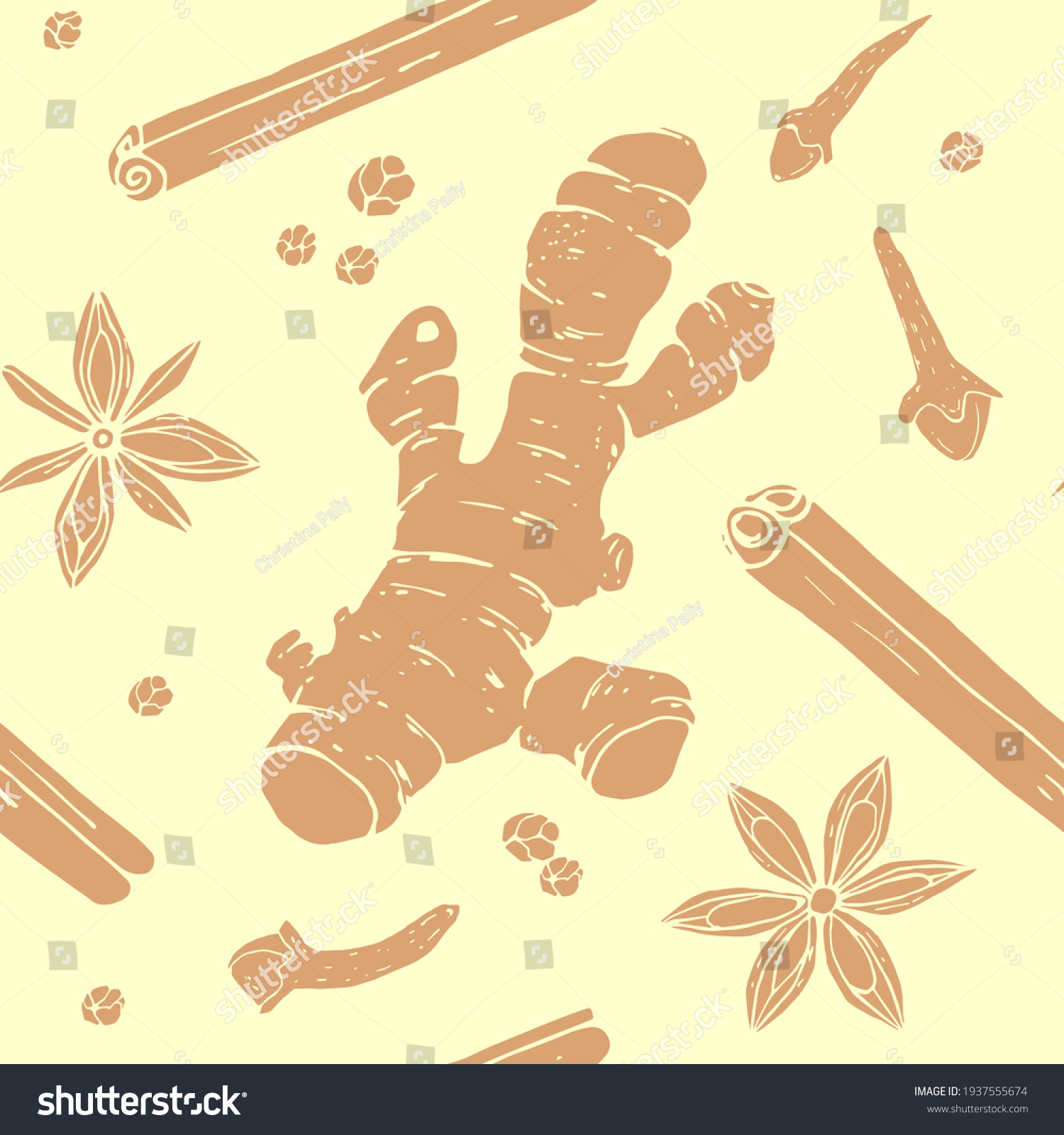 Vector graphics seamless pattern in contour style. Fragrant spices ginger root, cinnamon sticks, cloves, star anise and peppercorns illustration hand-drawn on a yellow background. #1937555674