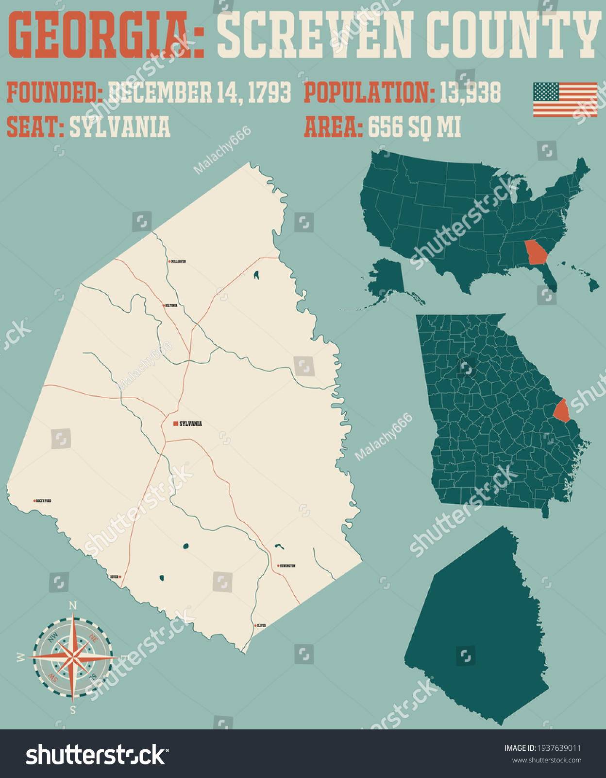 Large and detailed map of Screven county in - Royalty Free Stock Vector ...