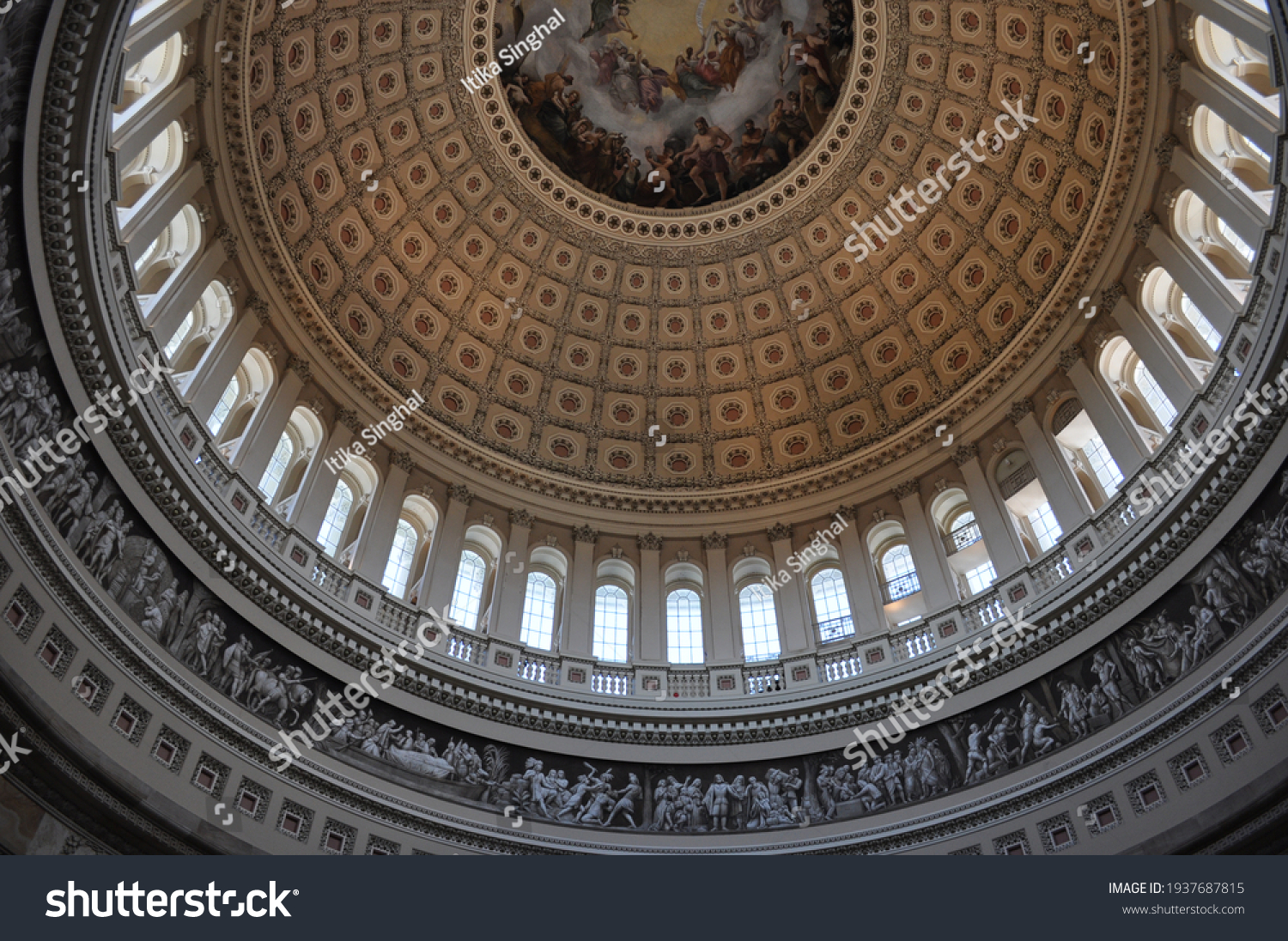 
Dome of US Capitol hill situated above the rotunda of the building. Apotheosis of Washington is a fresco Constantino Brumidi. Dome has beautiful architecture and sculptures as well. #1937687815