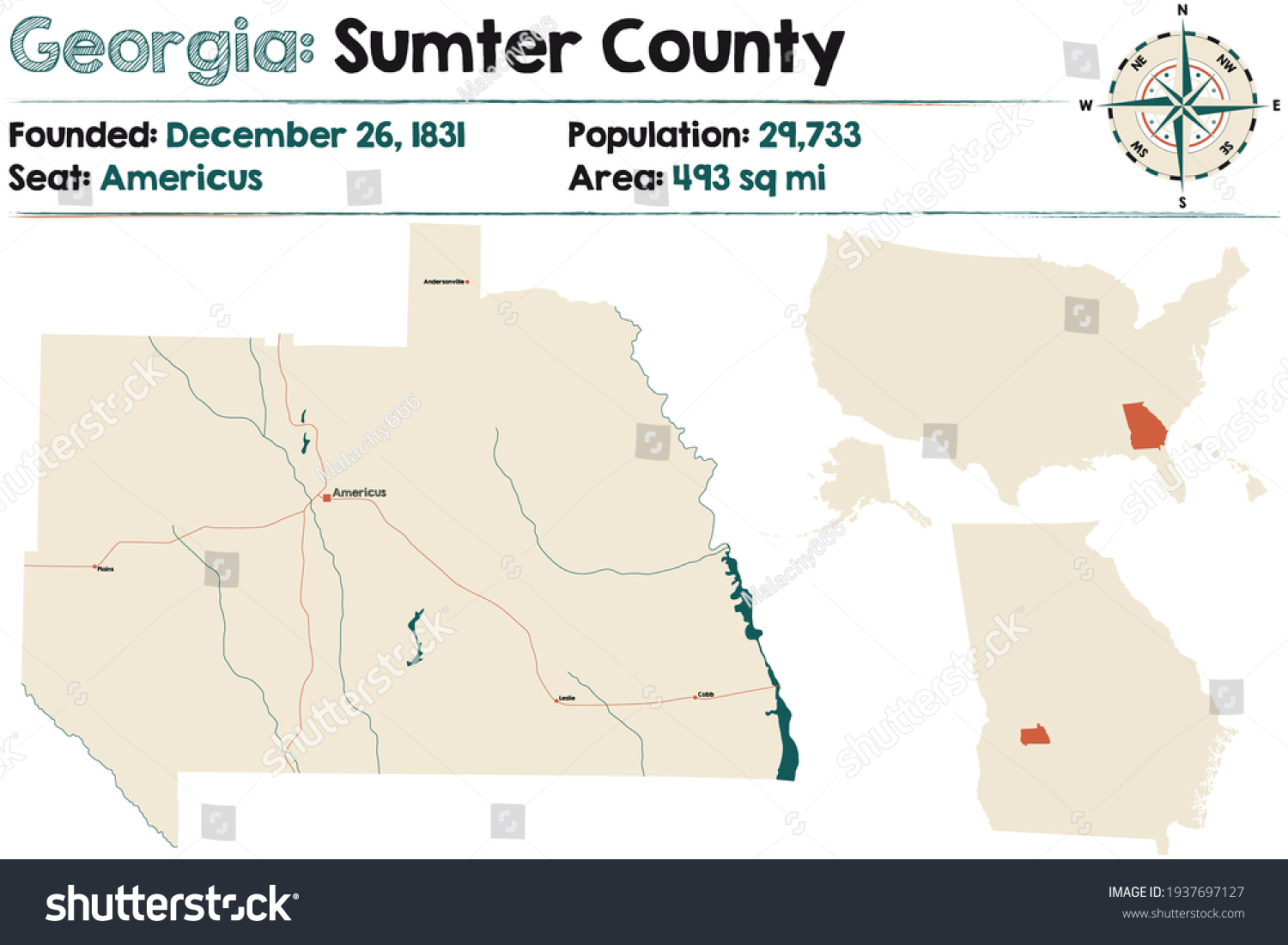 Large And Detailed Map Of Sumter County In Royalty Free Stock Vector 1937697127 8099