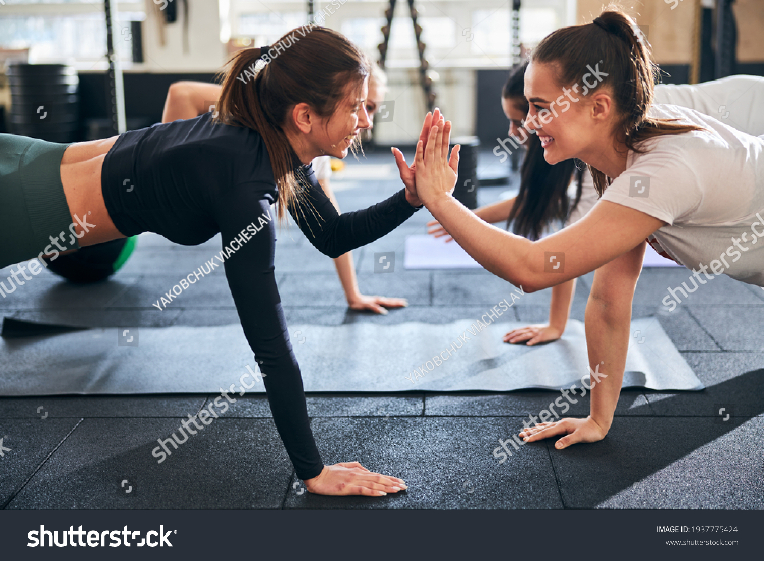 Optimistic young ladies doing plank exercises and high-fiving each other #1937775424