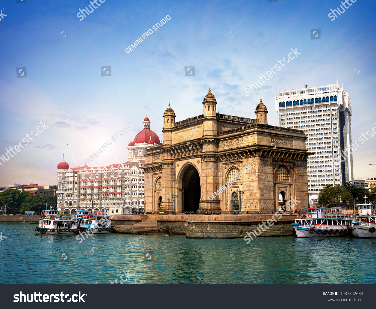 Gateway of India, famous hotel Mumbai Maharashtra monument landmark famous place  magnificent view without people with copy space for advertising Mumbai city #1937842684