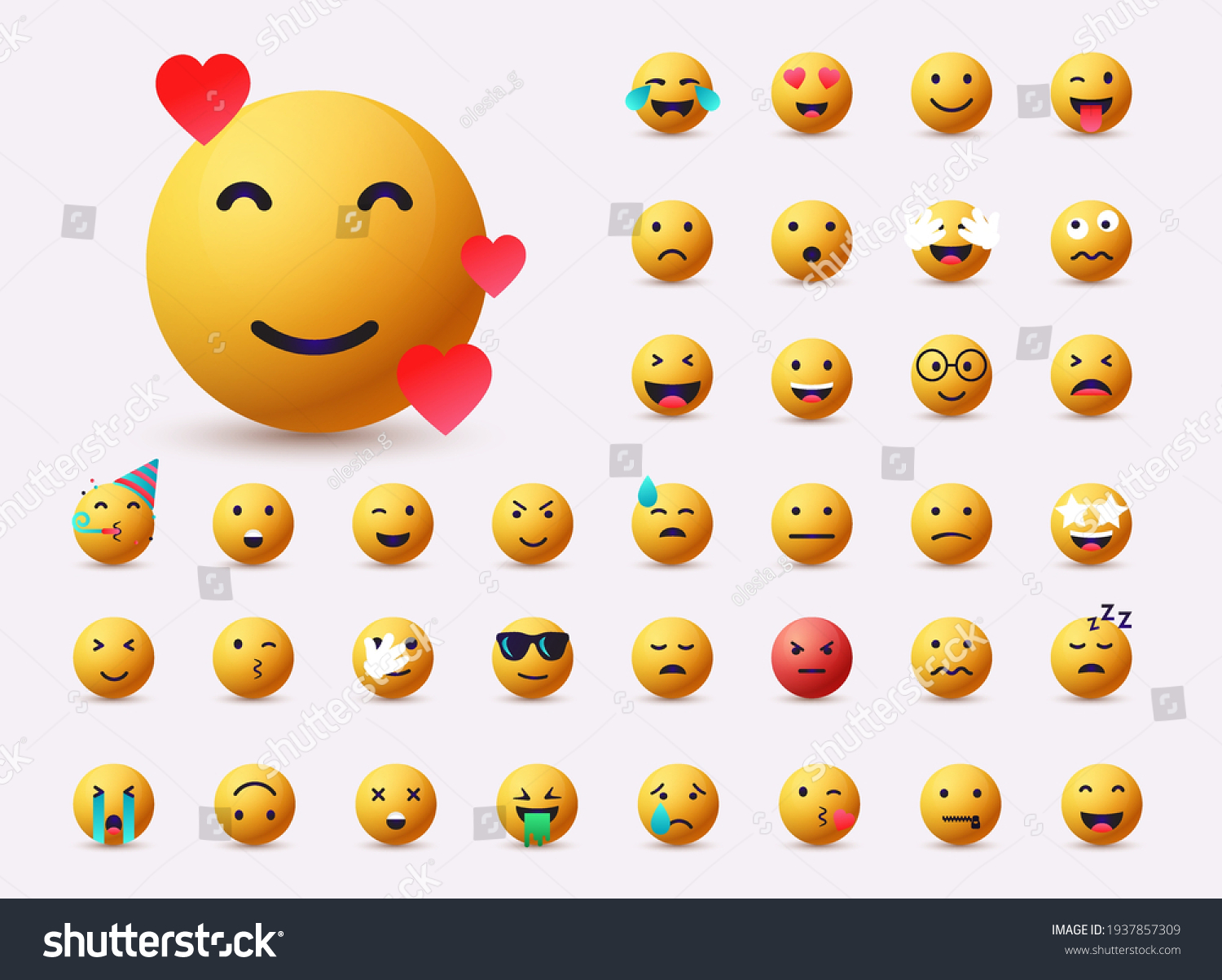 Big set of emoticon smile icons. Cartoon emoji set. 3D Web Vector Illustrations.  #1937857309