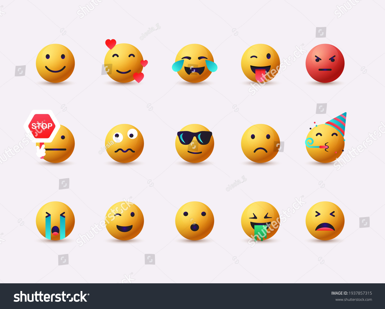 Big set of emoticon smile icons. Cartoon emoji set. 3D Web Vector Illustrations.  #1937857315