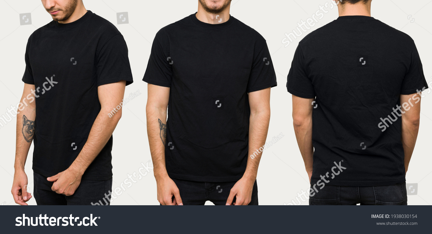 Hispanic young man wearing a black casual t-shirt. Side view, behind and front view of a mock up template for a t-shirt design print  #1938030154