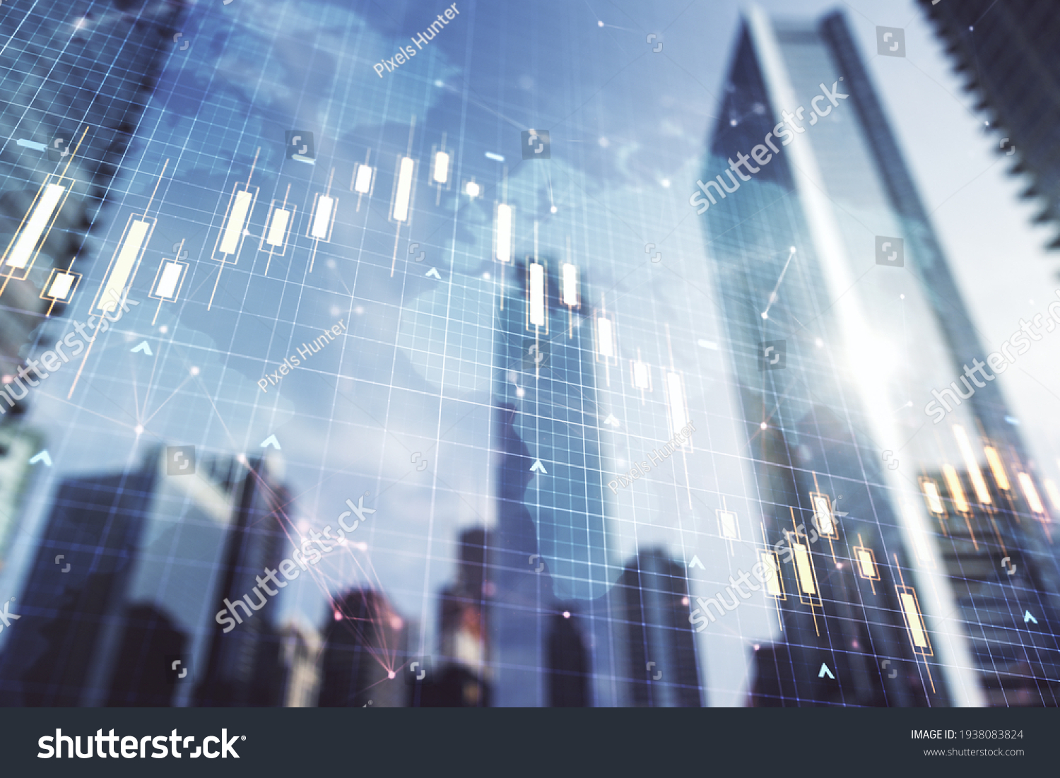 Double exposure of abstract financial graph with world map on office buildings background, forex and investment concept #1938083824