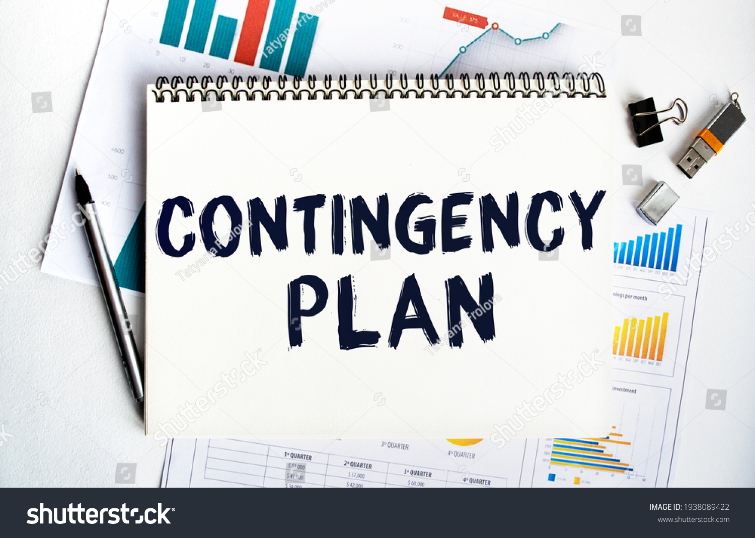 Notepad with the inscription CONTINGENCY PLAN. Conceptual image, business accessories, calculator isolated on the desktop. Finance or business concept. #1938089422