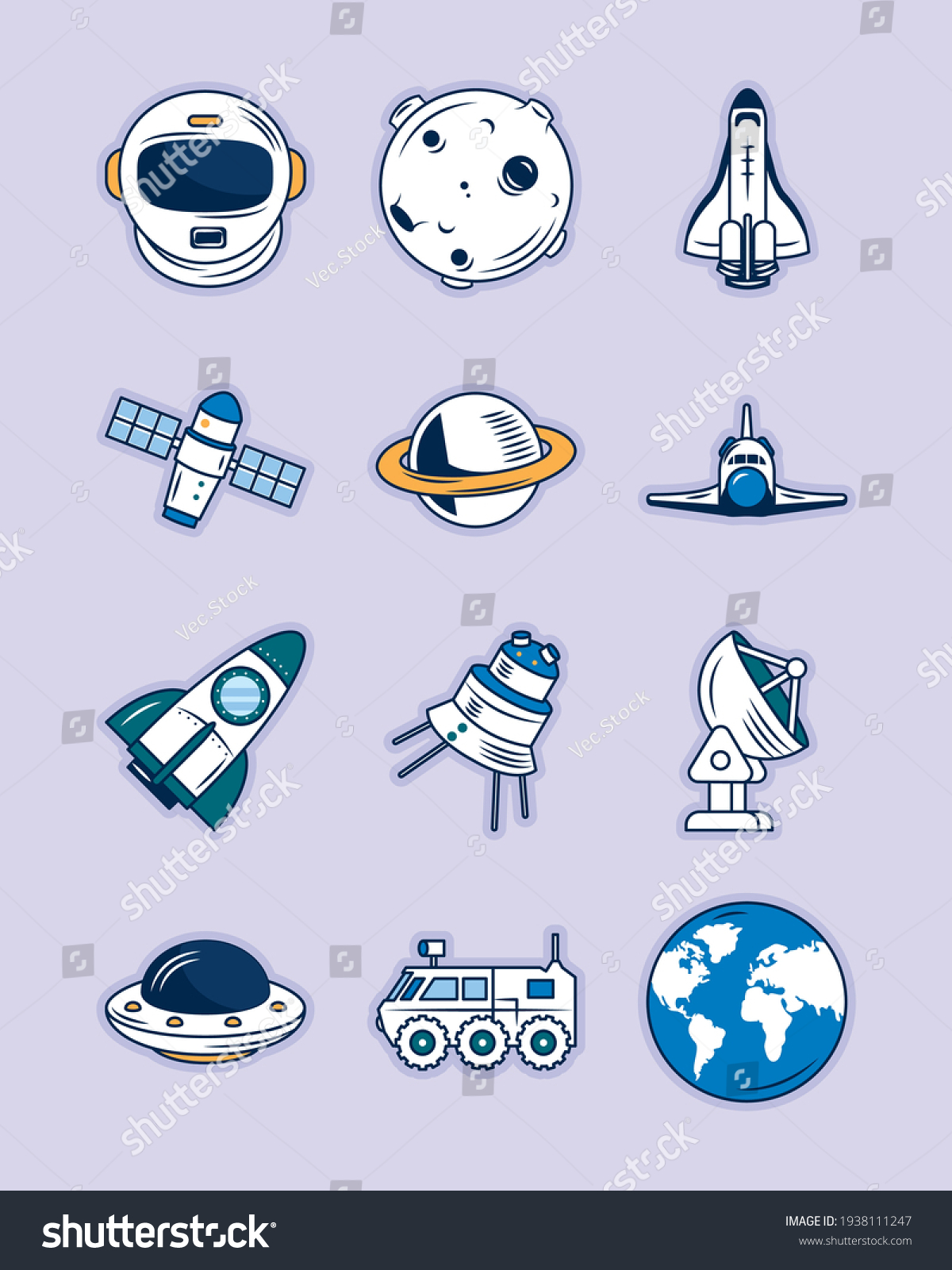 astronaut and space symbols set - Royalty Free Stock Vector 1938111247 ...