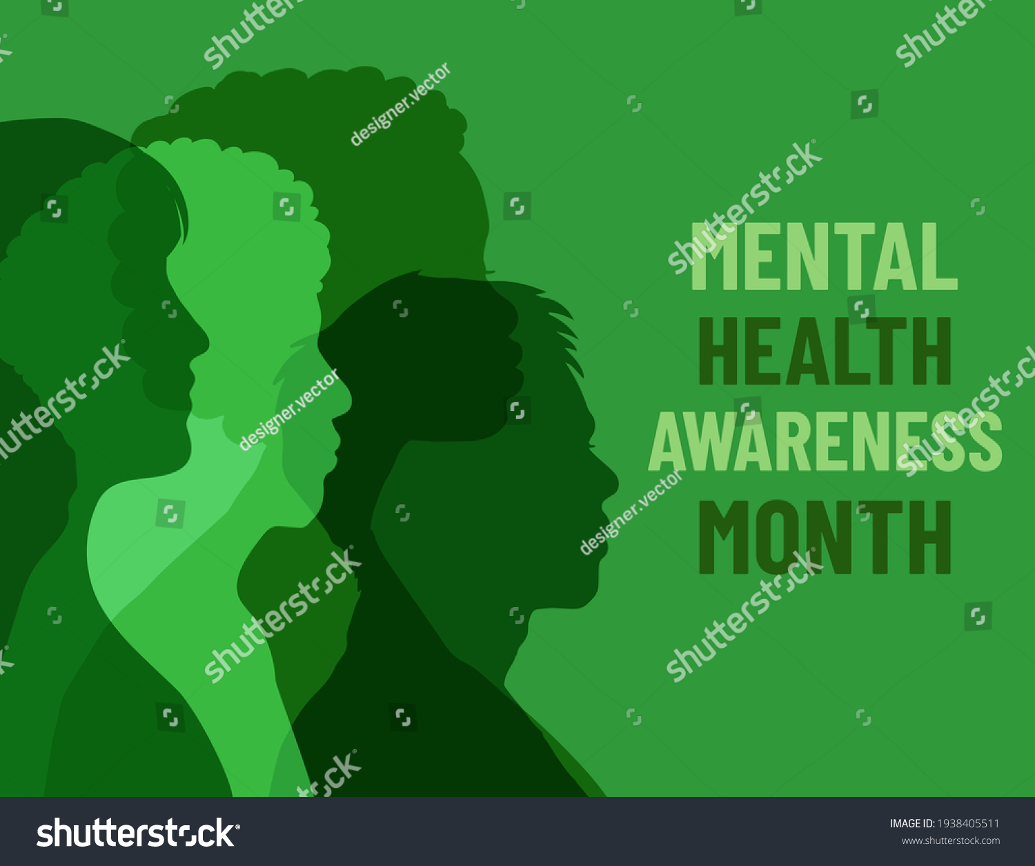 Mental Health Awareness Month. Poster with different people on green background #1938405511