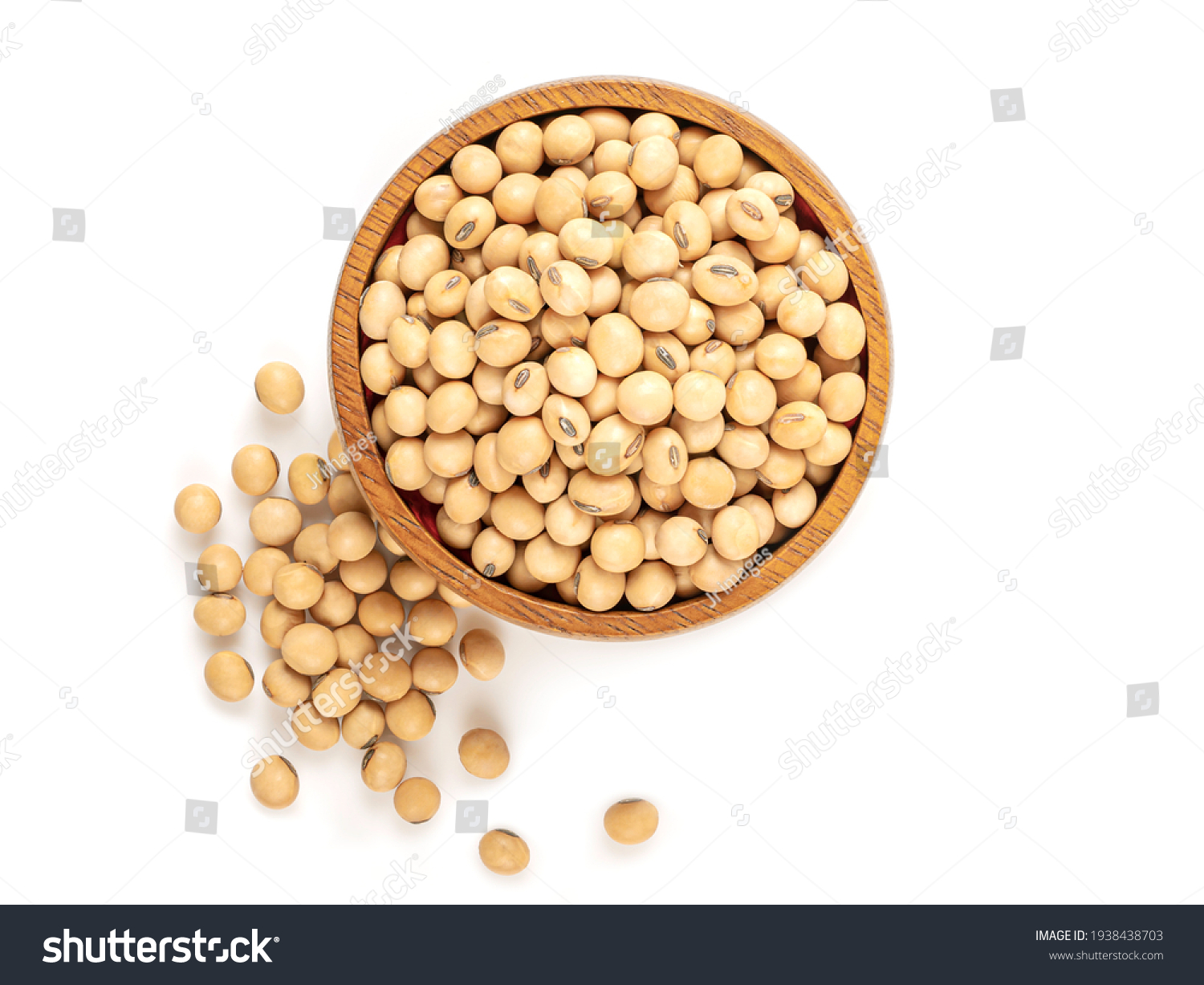 Soy beans seed in wooden bowl isolated on white background. Top view
 #1938438703
