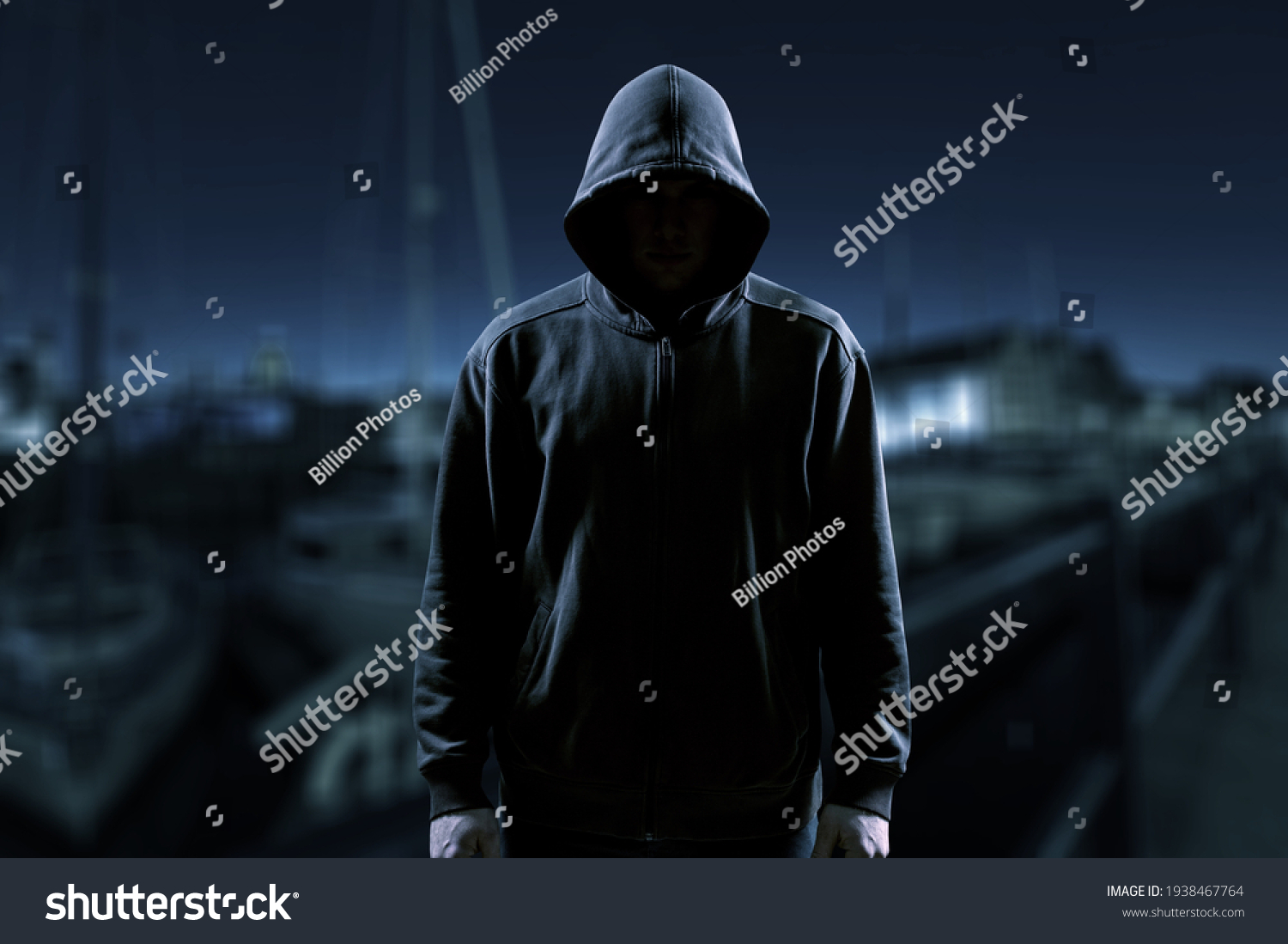 Man silhouette in the misty alley at night city, alone stalker or crime person #1938467764