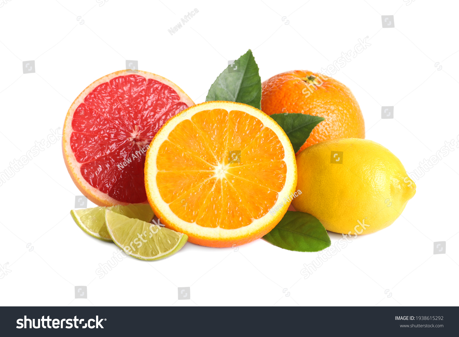 Fresh juicy citrus fruits with green leaves on white background #1938615292