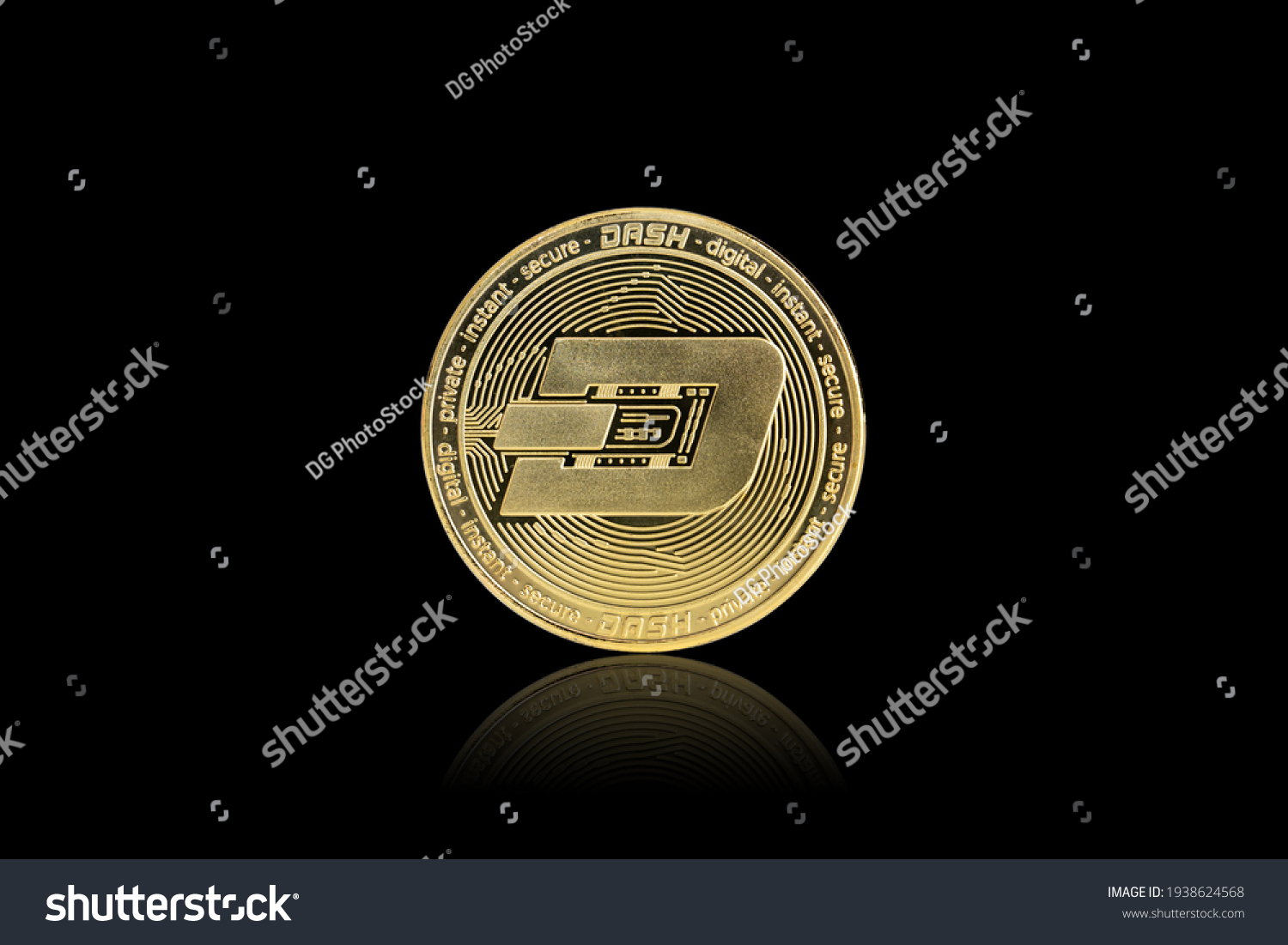 Isolated with clipping path, the golden DASH Coin symbol close up. DASH coin is one of the digital currency - cryptocurrency driven by blockchain technology. #1938624568