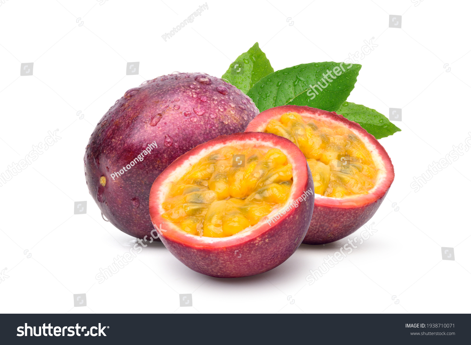 Purple passion fruit (Passiflora edulis) with cut in half and green leaf isolated on white background.
 #1938710071