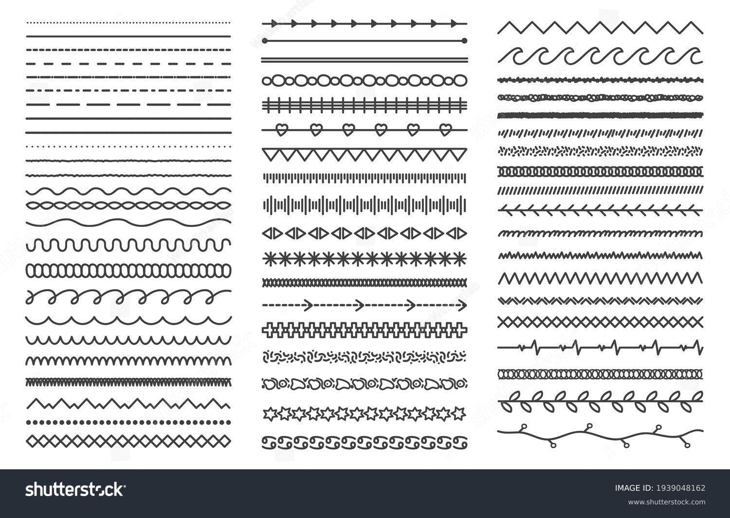 Hand drawn doodle dividers. Abstract doodle lines, decorative pencil strokes. Outline sketched dividers vector illustration set #1939048162