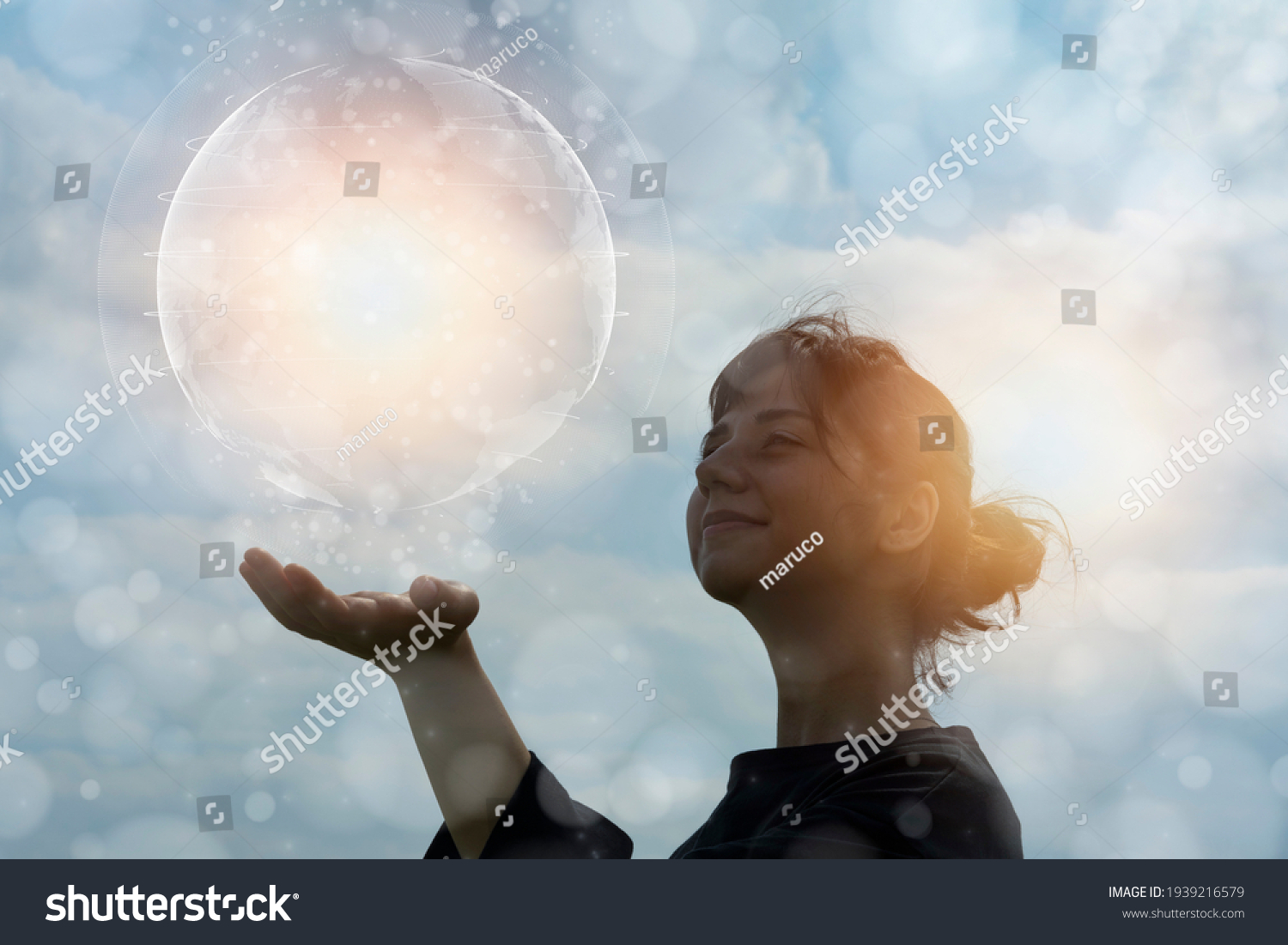 Ecology image, CG of a woman trying to touch the earth #1939216579