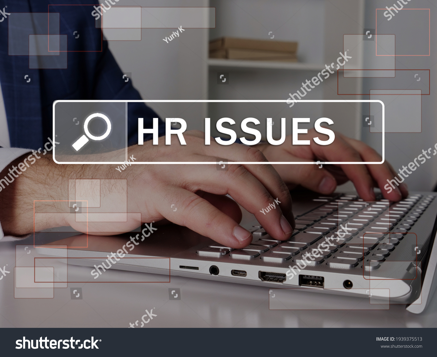 HR ISSUES Human resources text in search line. Modern Banker looking for something at computer. HR ISSUES Human resources concept. 
 #1939375513
