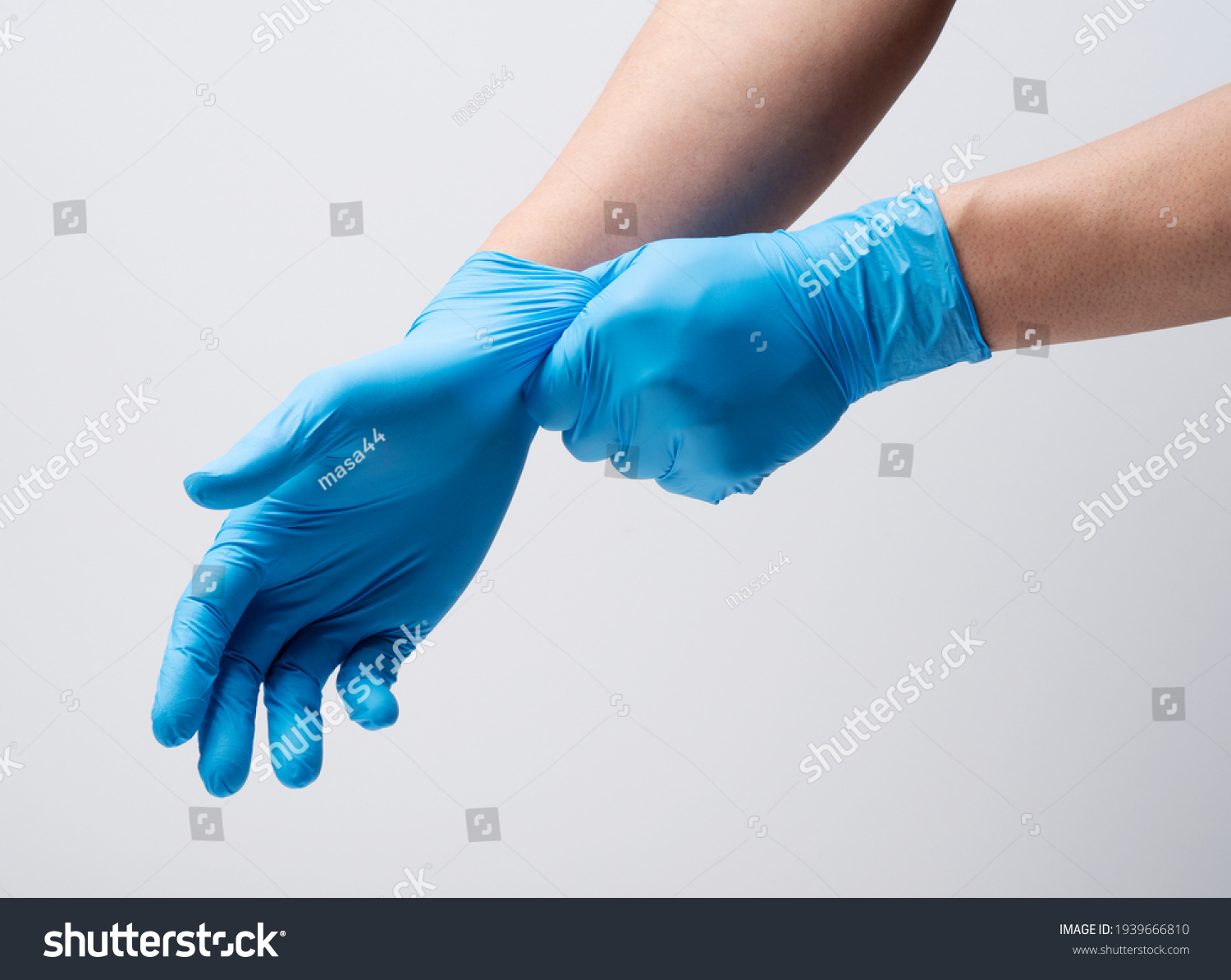 Two hands of a man wearing nitrile gloves on a white background #1939666810