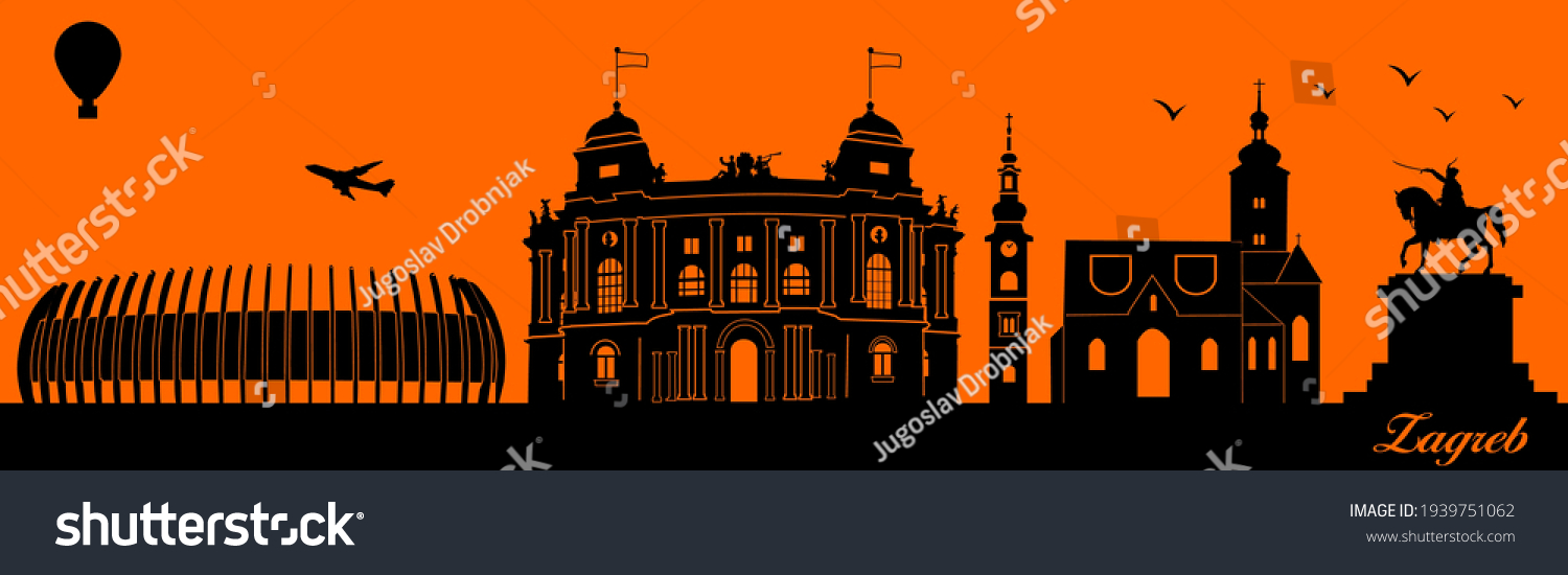 Vector city skyline silhouette - illustration, 
Town in orange background, 
Zagreb Croatia #1939751062