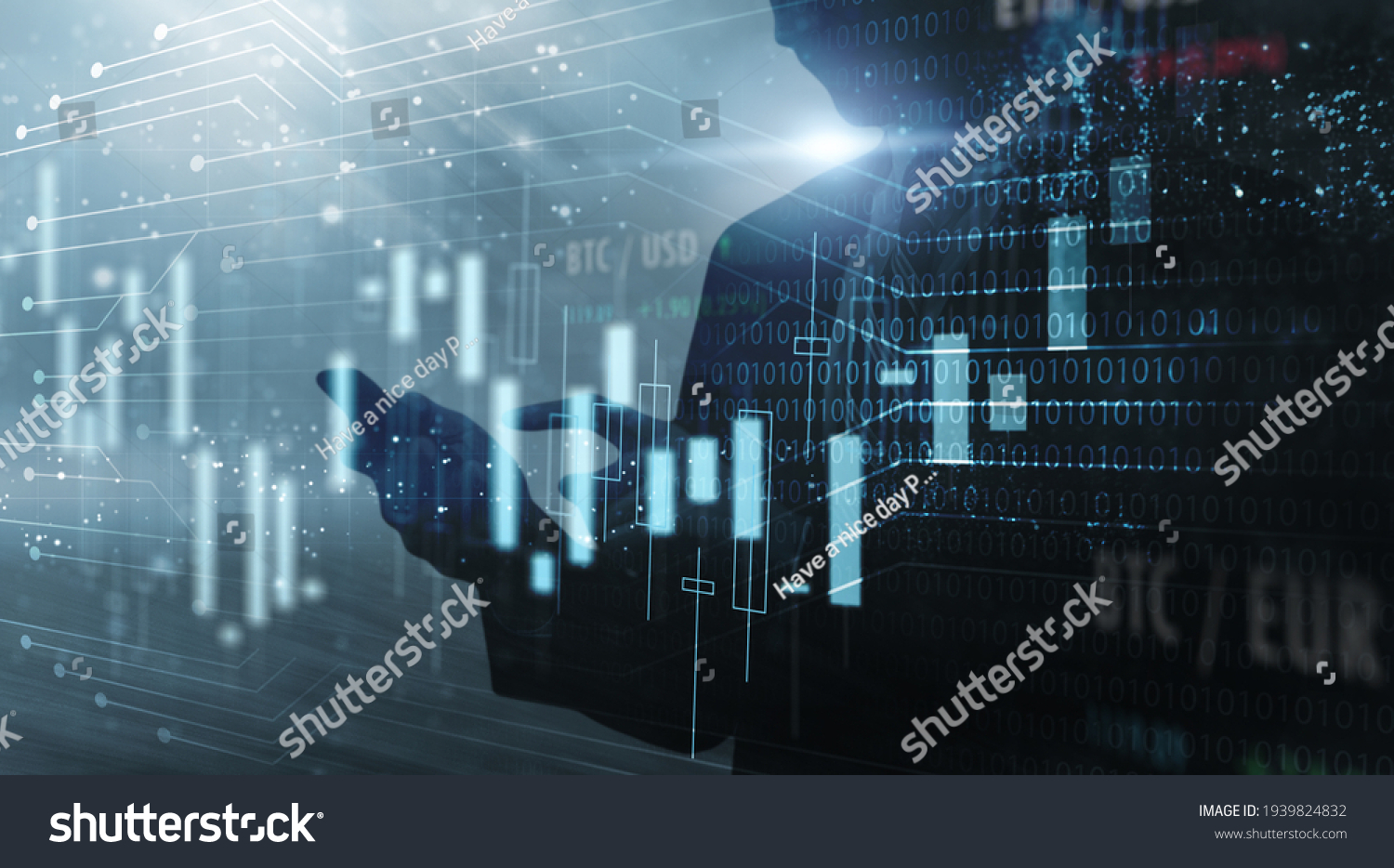 Forex trader stock market safety security risk on Internet Security Data protection in trading broker account crypto currency exchange financial market protection people information, blue background #1939824832