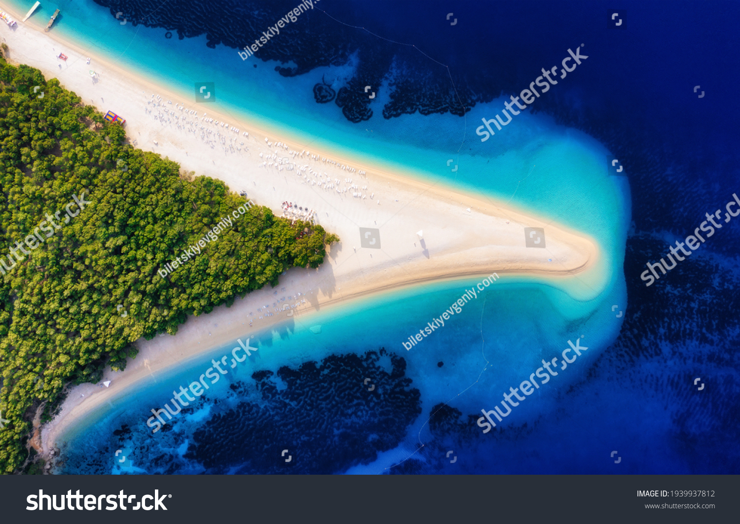 Croatia, Hvar island, Bol town. Landscape from air. Aerial view at  Zlatni Rat beach. Famous place in Croatia. Summer seascape from drone. Travel and vacation image #1939937812