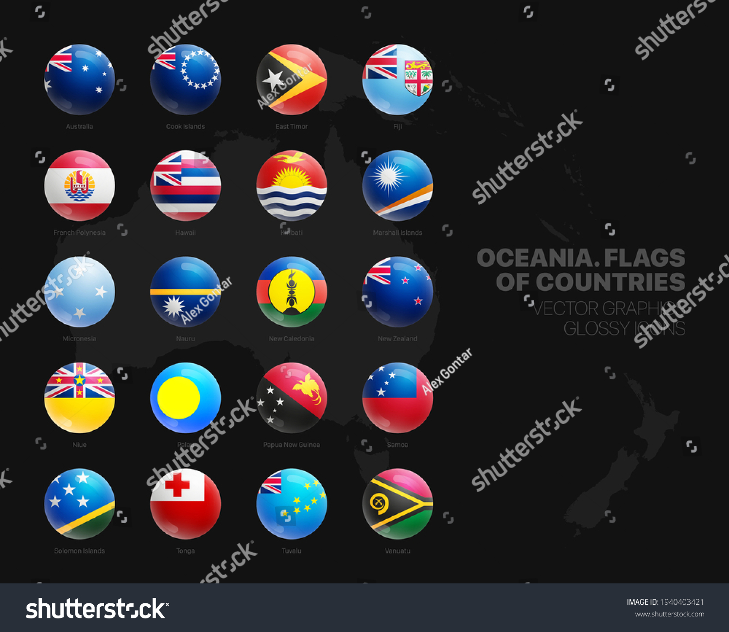 Oceania Countries Flags Vector 3d Glossy Icons Royalty Free Stock