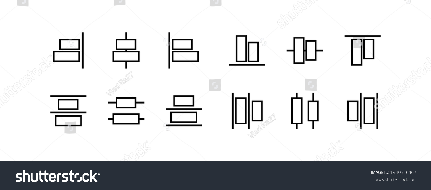 Alignment icons collection. Align icons set. Set of black editing and formatting icons. Outline symbol collection. Different tools for design.  Align signs and symbols set.  Vector graphic EPS 10 #1940516467