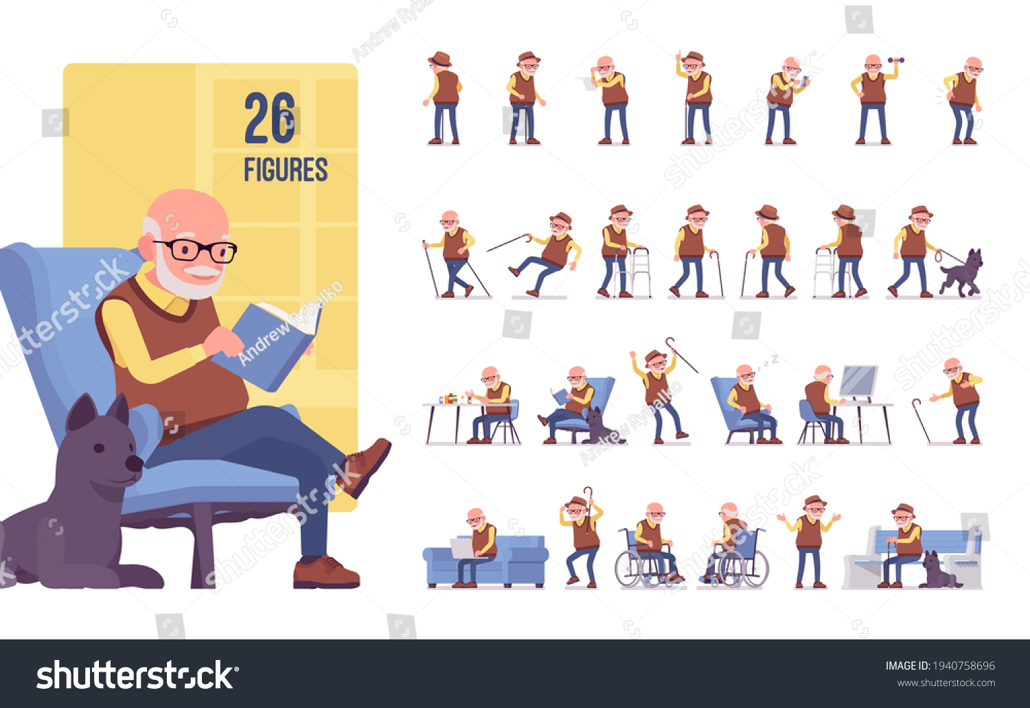 Old man character set, pose sequences. Senior citizen, retired grandfather wearing glasses, old age pensioner, lonely grandpa. Full length, different views, gestures, emotions, positions #1940758696