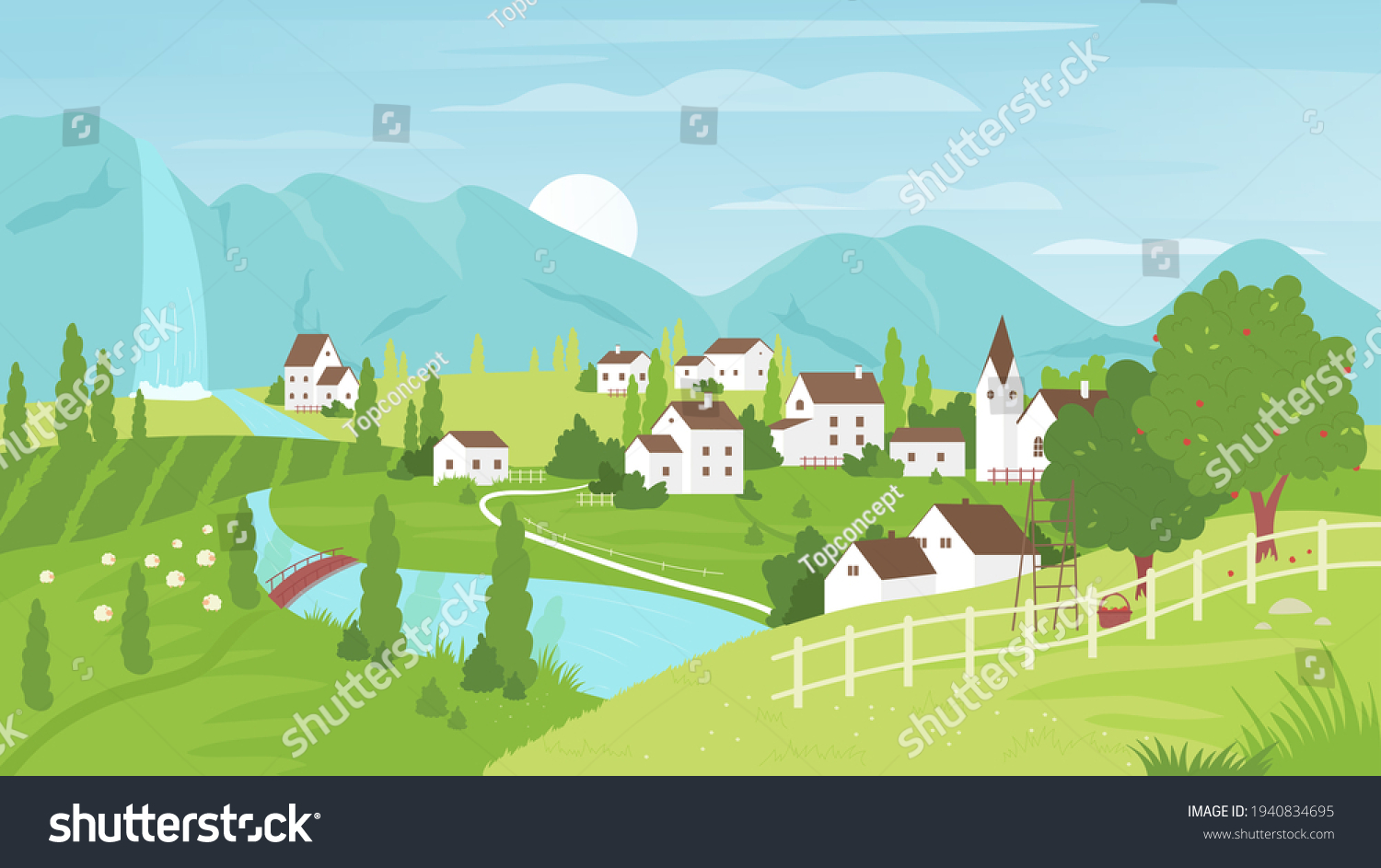Rural mountain landscape and village vector illustration. Cartoon summer green farm land field with grazing sheep, apple garden, waterfall and river, road to farmer houses summertime background #1940834695