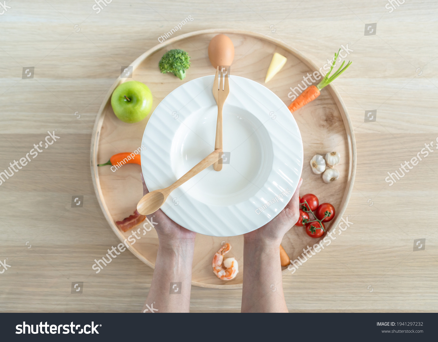 Intermittent fasting IF diet concept with 8-hour clock timer for eating nutritional or keto low carb, high fat and protien food meal healthy dish and 16-hour skipping meal for weight loss #1941297232