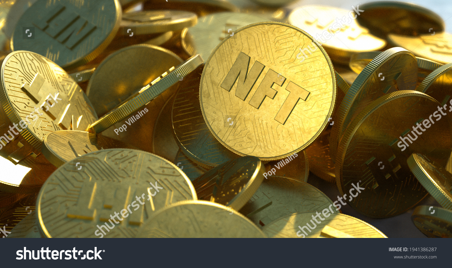 NFT golden coins in pile. Non fungible tokens dropped casually in a large pile, close-up shot. Embossed circuit design, shiny gold color with bright sunlight. Trendy cryptocurrency art coins. #1941386287