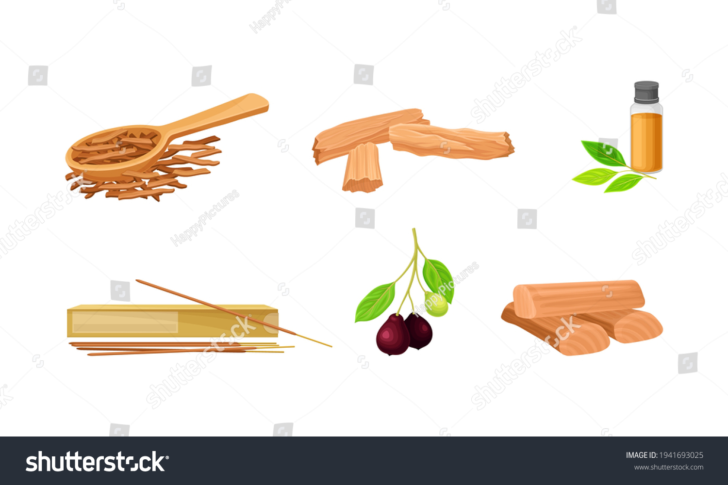 Sandalwood Timber and Wood Material with Fragrant Chip and Sticks Vector Set #1941693025