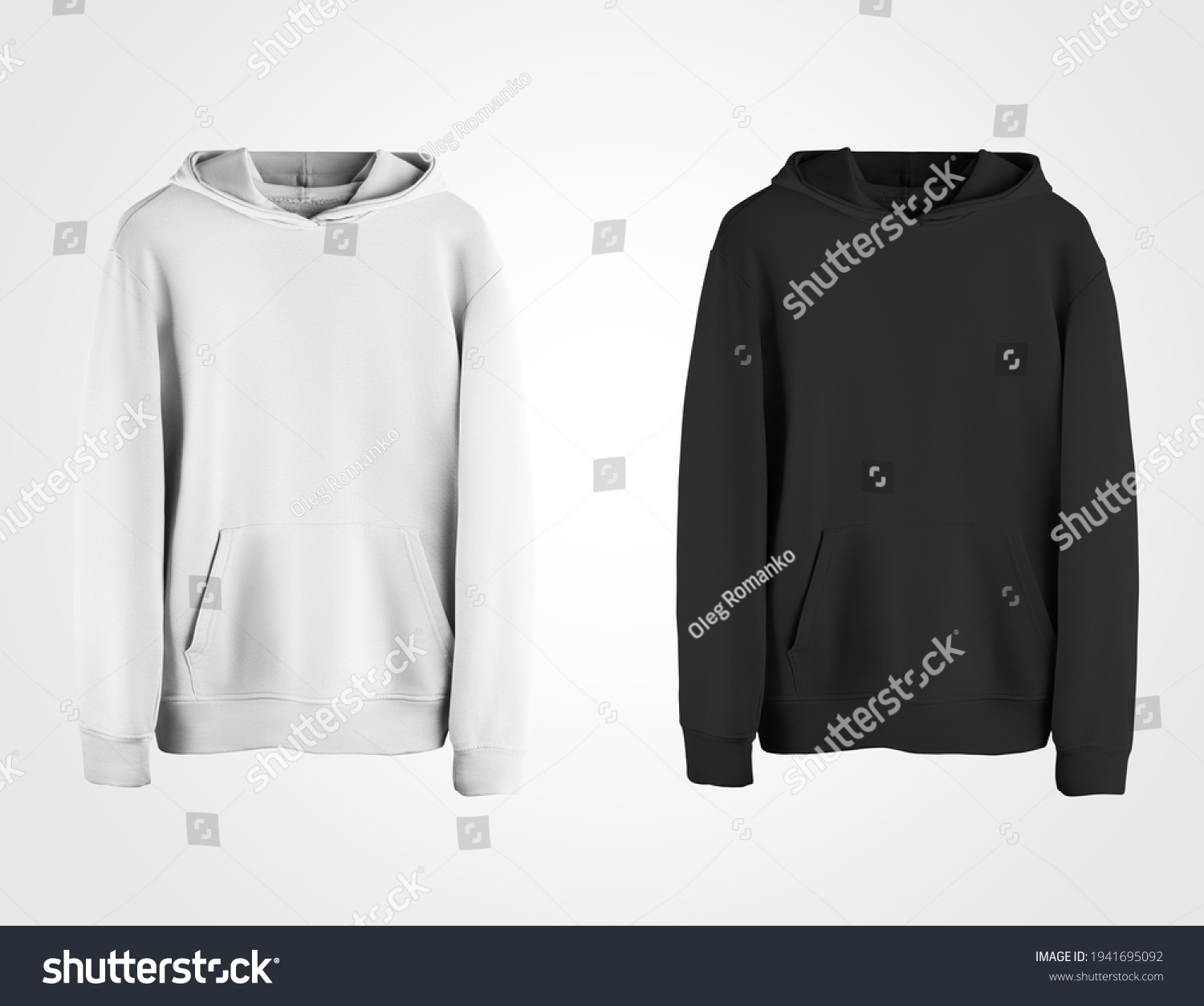 Blank white and black hoodie mockup, for presentation of design, pattern, print, front view. Template sweatshirt with a hood isolated on background. Branded men's pullover with pockets, cuffs #1941695092