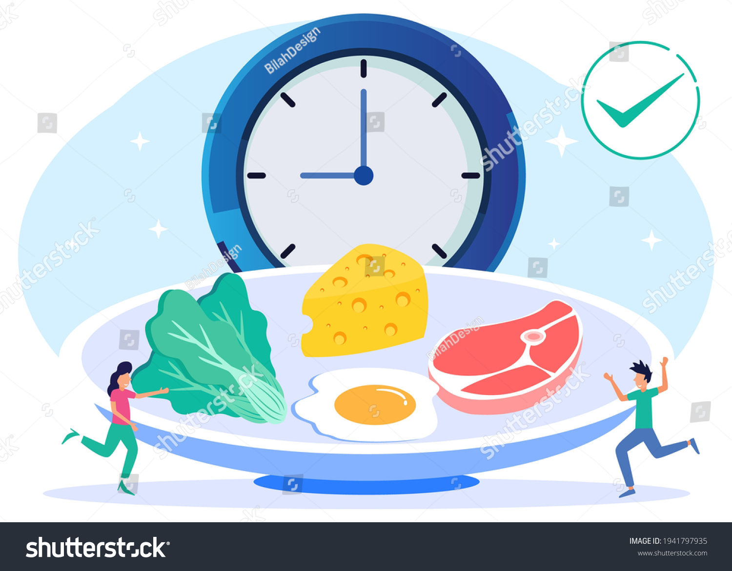 Vector illustration of a meal schedule for balancing daily meals. Hunger is a constant period of time as a healthy habit of the digestive system. Symbolic wall clock with lunch plate. #1941797935