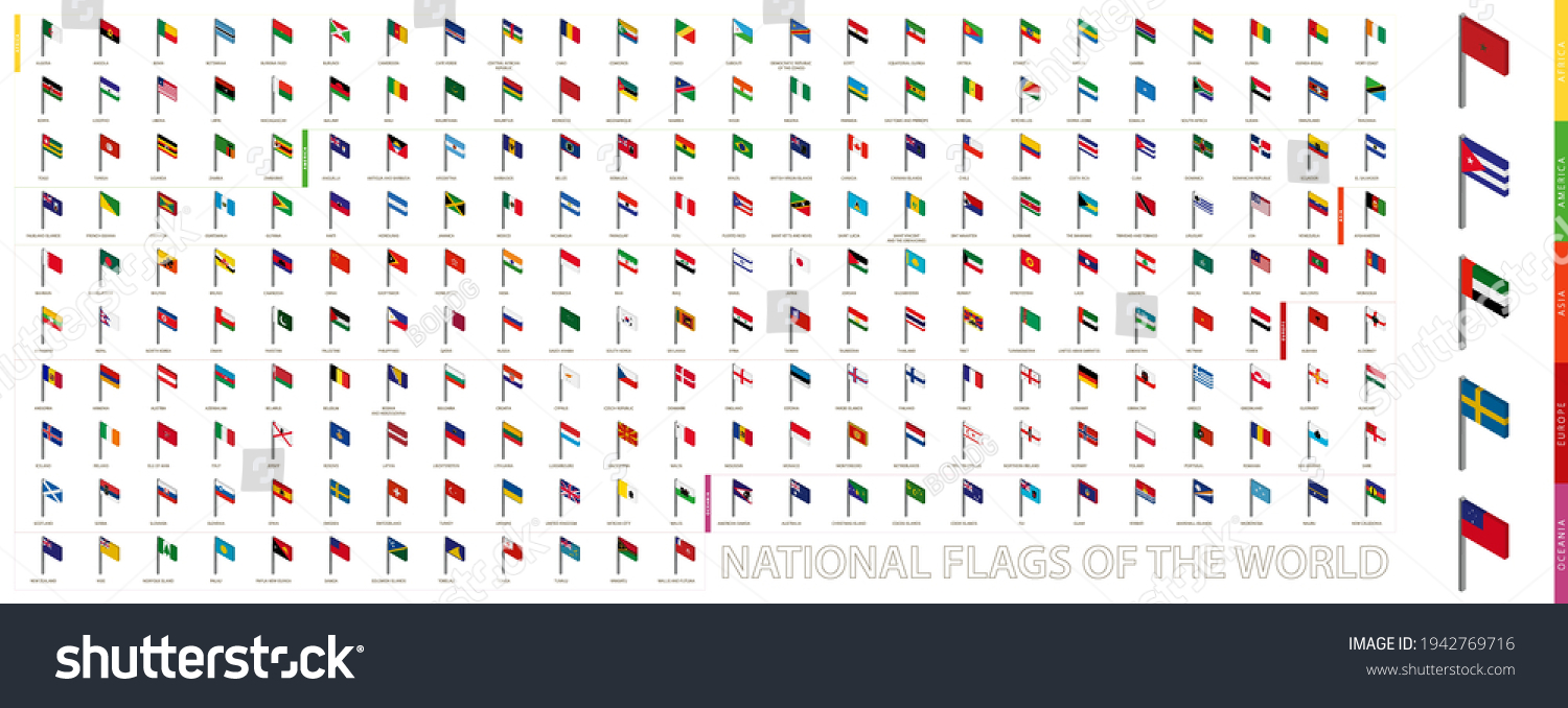 Isometric flags sorted alphabetically and by continent. 3D flag collection. Vector illustration. #1942769716