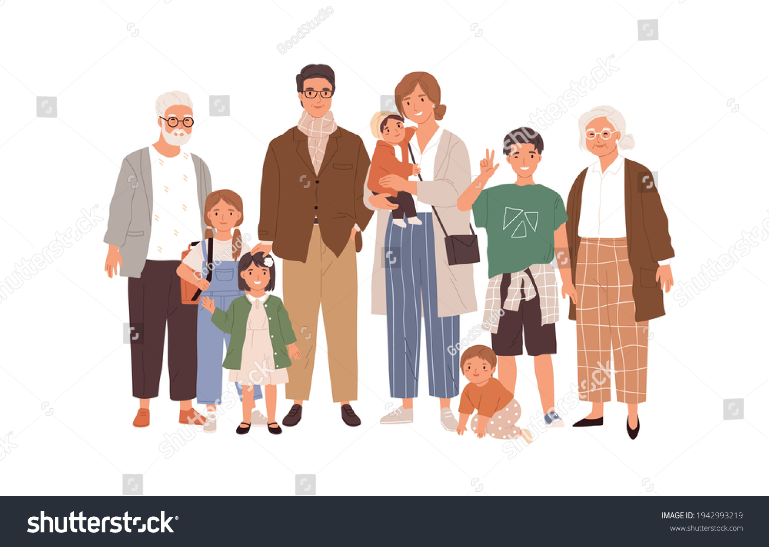 Portrait of big happy family with children, mother, father, grandfather and grandmother isolated on white background. Parents, grandparents and grandchildren. Colored flat vector illustration #1942993219