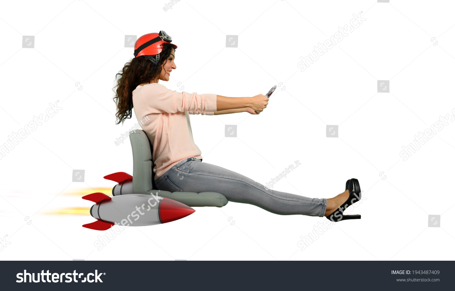 Woman drives fast with rockets under the chair. concept of having the turbo #1943487409