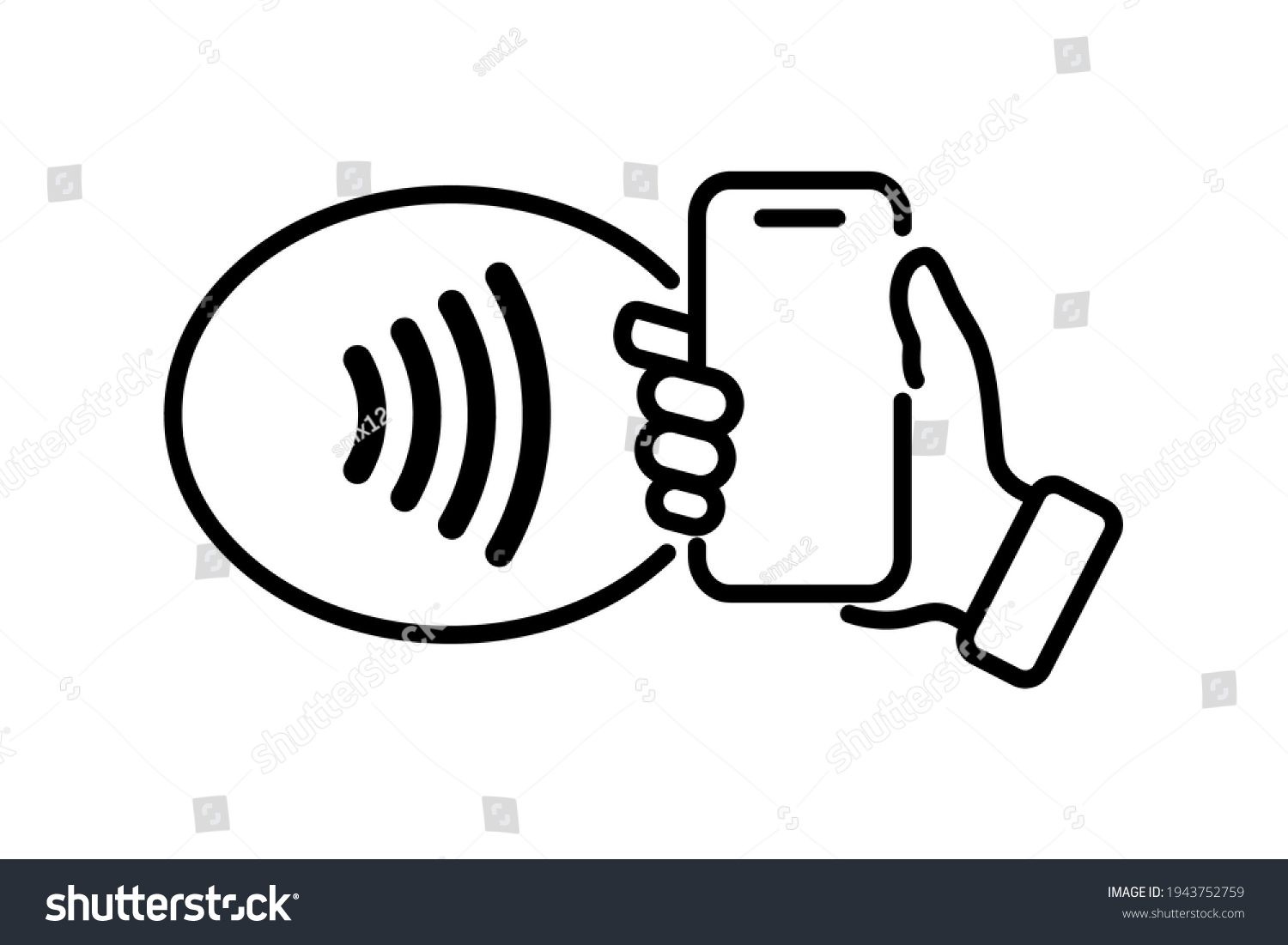 NFC technology. Hand holding Phone. Contactless wireless pay sign logo. Near Field Communication nfc payment concept. Contact less. NFC payment with mobile phone. Credit card #1943752759