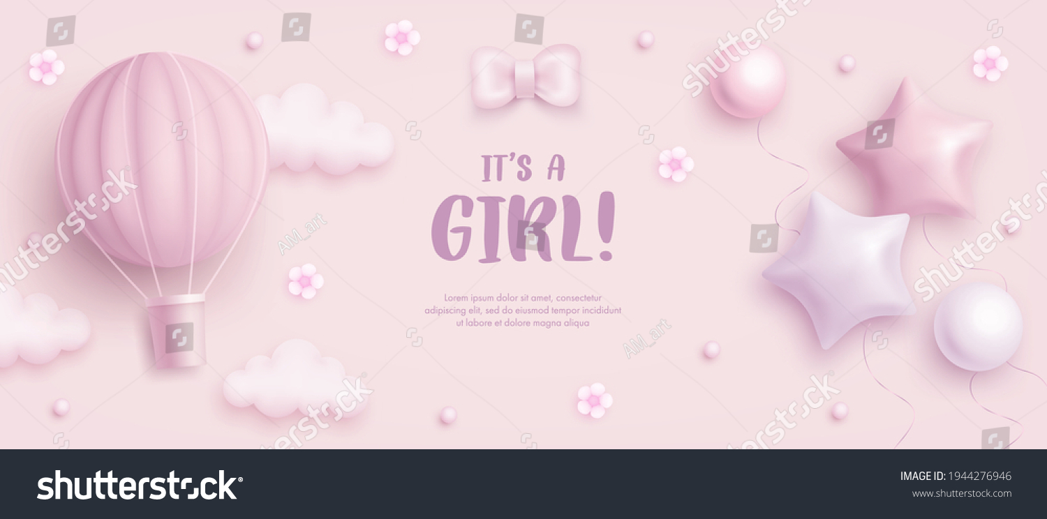 Baby shower horizontal banner with cartoon hot air balloon, helium balloons, clouds and flowers on pink background. It's a girl. Vector illustration #1944276946