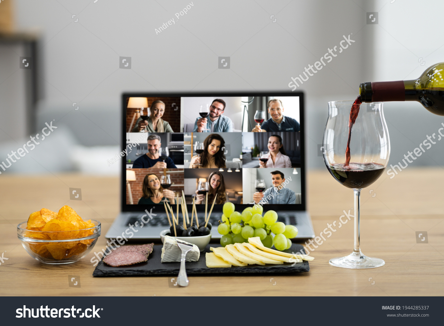 Virtual Wine Tasting Dinner Event Online Using Laptop #1944285337