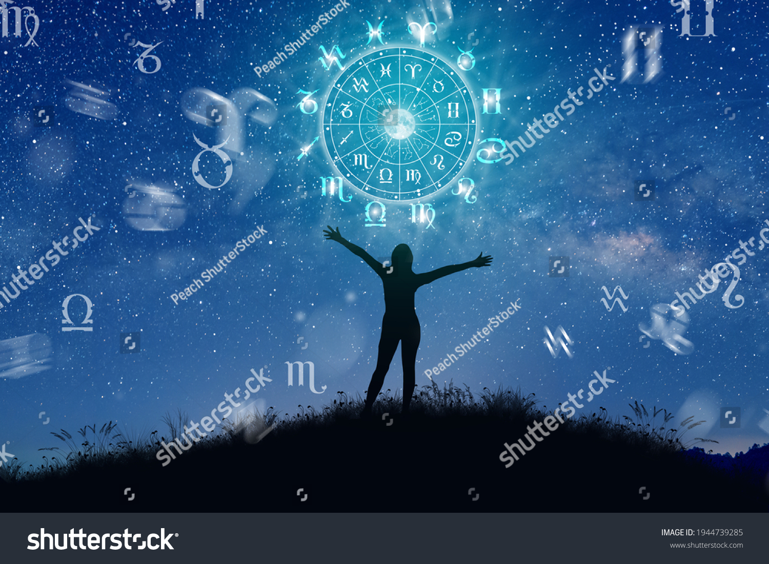 Astrological zodiac signs inside of horoscope circle. Illustration of Woman silhouette consulting the stars and moon over the zodiac wheel and milky way background. The power of the universe concept. #1944739285