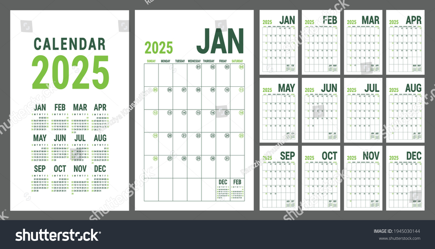 Calendar planner 2025. English calender green Royalty Free Stock