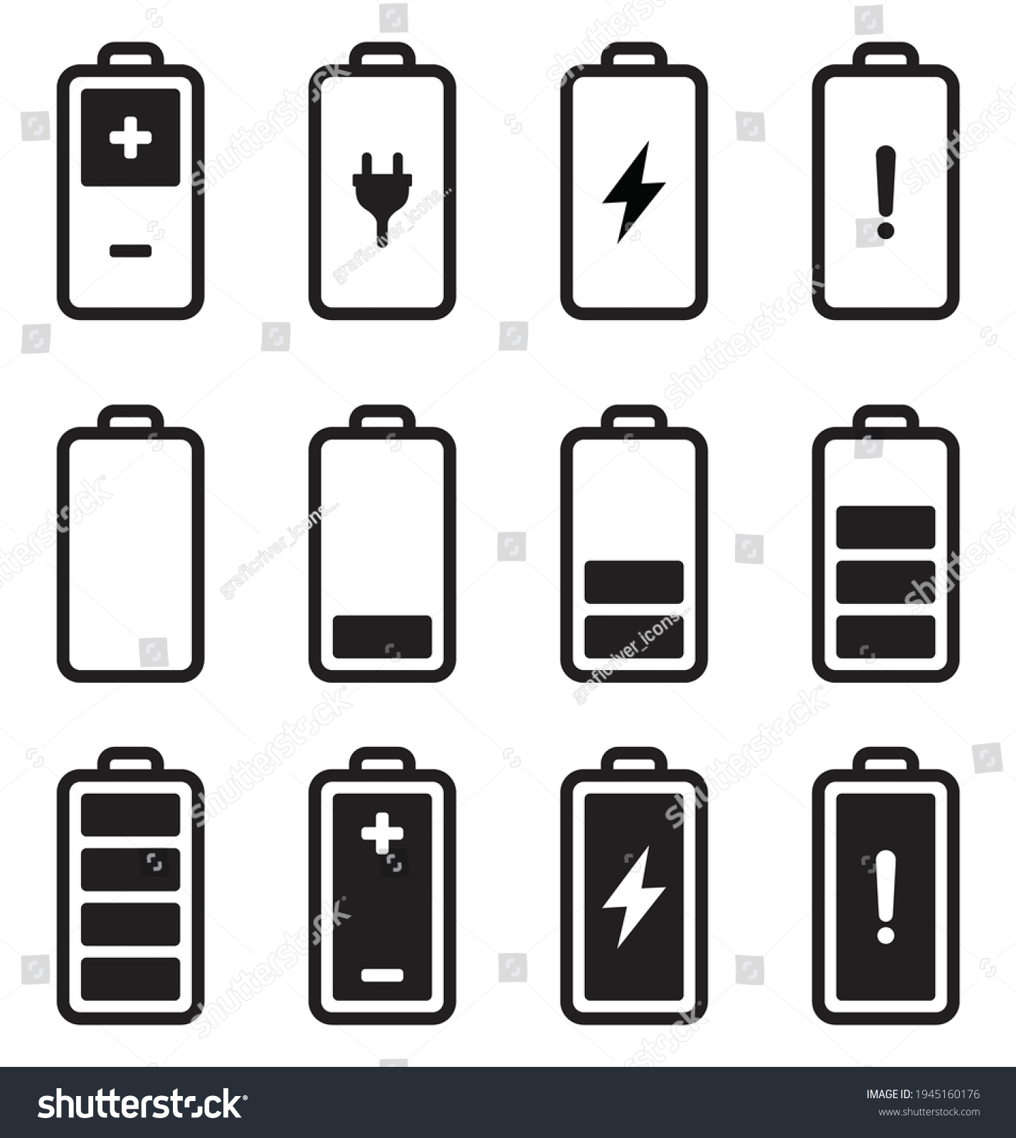 battery icon set, battery charge level indicator - Royalty Free Stock ...